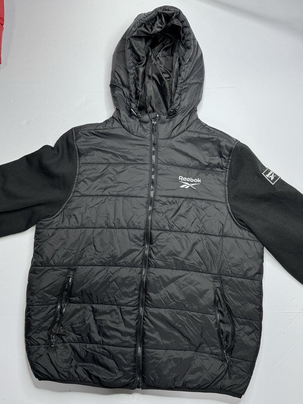 Reebok Mens L Black Mixed Media Quilted Puffer Fleece Hooded Jacket Full Zip